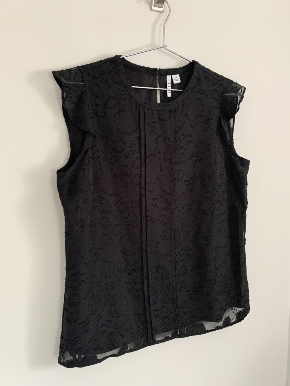 Black Jacquard Rose Pattern Blouse Flutter Cap Sleeve Dress Career Casual M